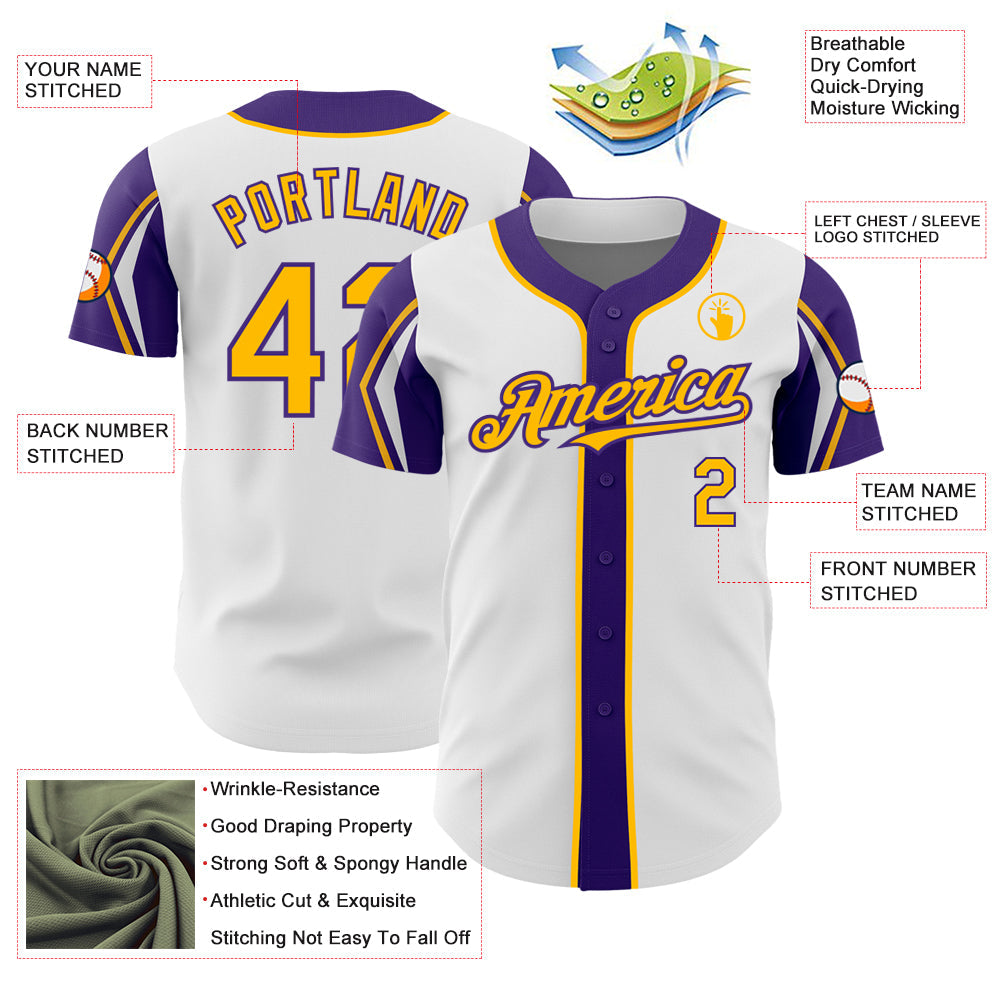 Custom White Gold-Purple 3 Colors Arm Shapes Authentic Baseball Jersey baseball jersey product view 4