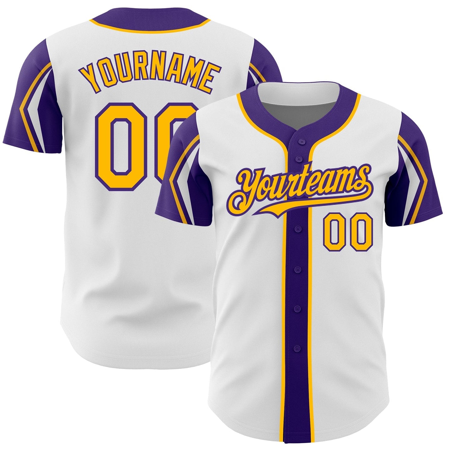 Custom White Gold-Purple 3 Colors Arm Shapes Authentic Baseball Jersey baseball jersey product view 1
