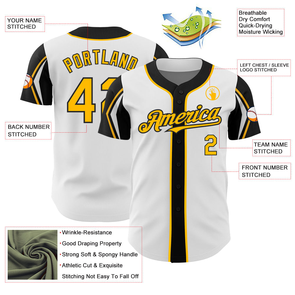Custom White Gold-Black 3 Colors Arm Shapes Authentic Baseball Jersey baseball jersey product view 4