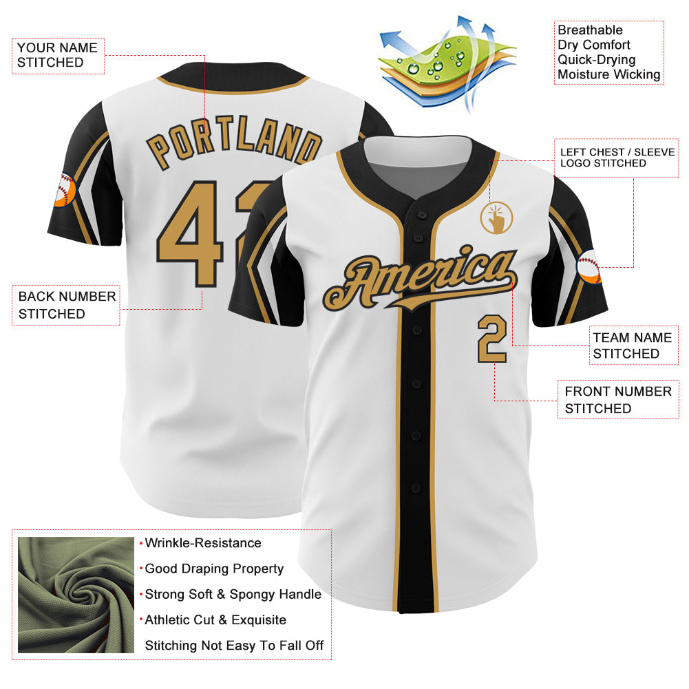 Custom White Old Gold-Black 3 Colors Arm Shapes Authentic Baseball Jersey baseball jersey product view 4
