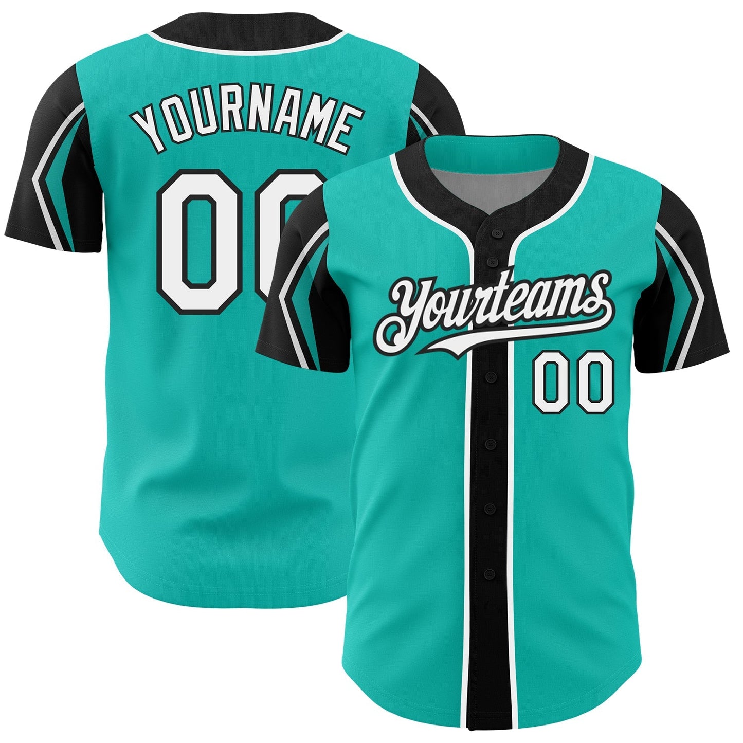 Custom Aqua White-Black 3 Colors Arm Shapes Authentic Baseball Jersey baseball jersey product view 1