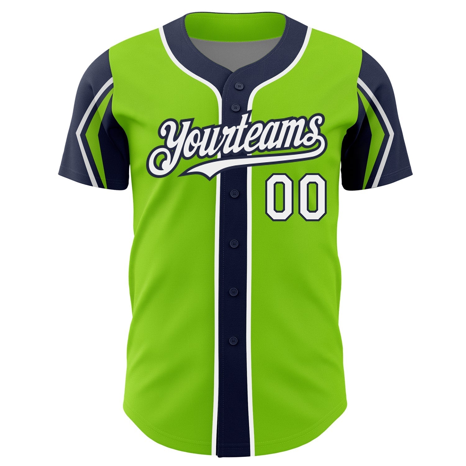 Custom Neon Green White-Navy 3 Colors Arm Shapes Authentic Baseball Jersey baseball jersey product view 3