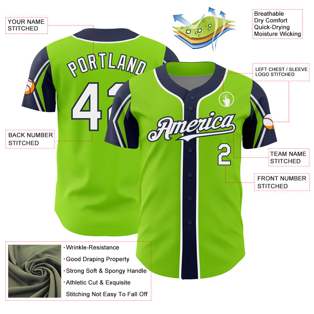 Custom Neon Green White-Navy 3 Colors Arm Shapes Authentic Baseball Jersey baseball jersey product view 4