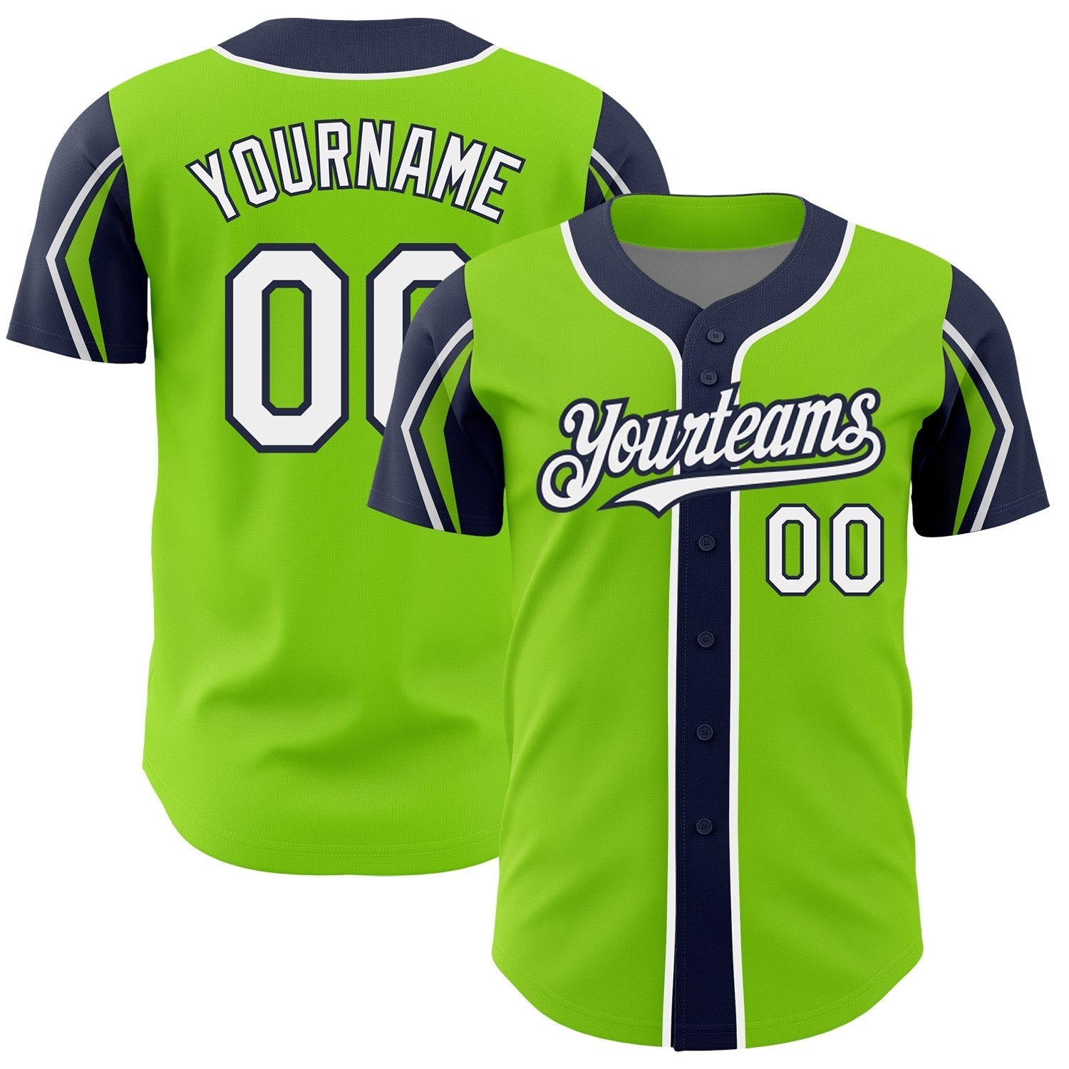 Custom Neon Green White-Navy 3 Colors Arm Shapes Authentic Baseball Jersey baseball jersey product view 1
