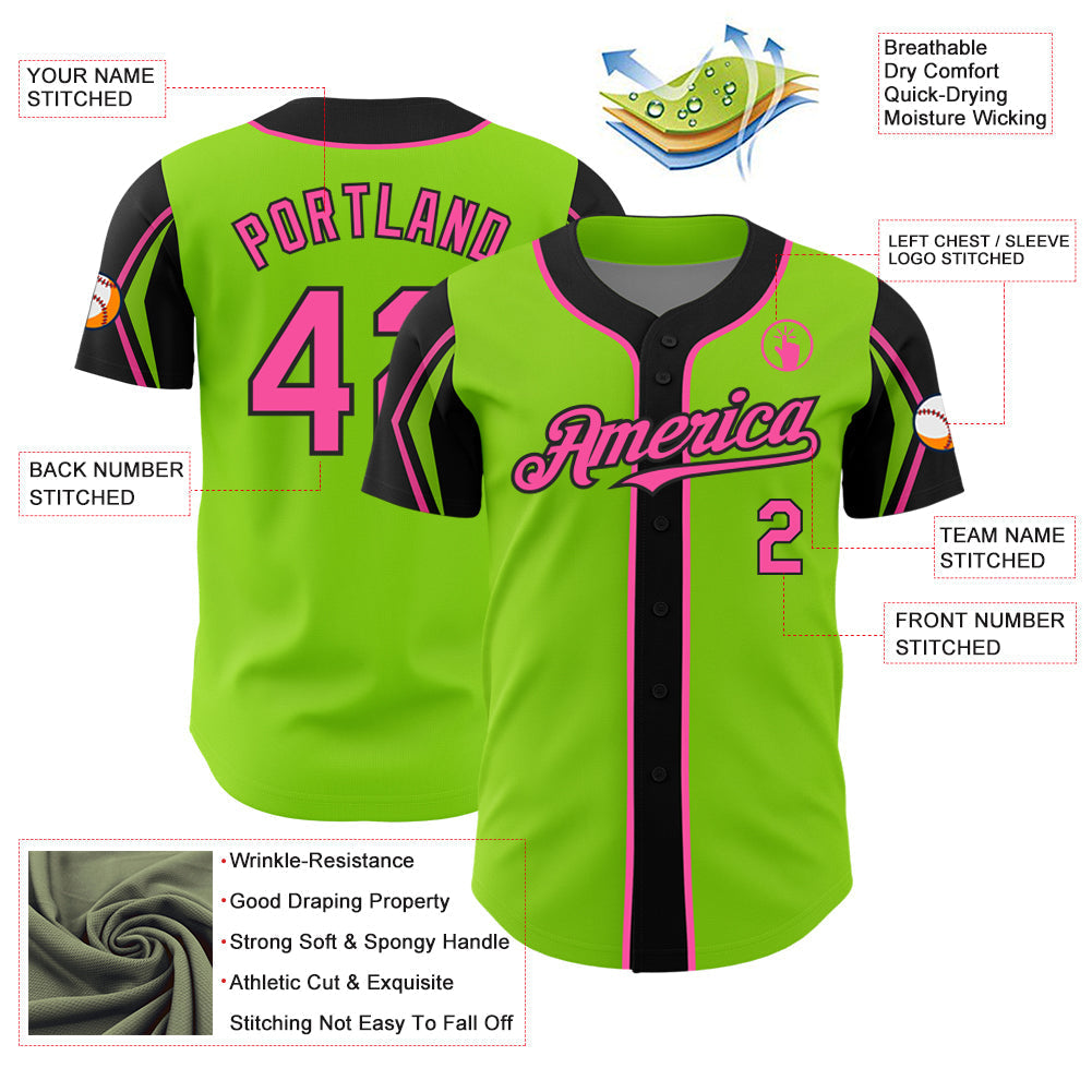 Custom Neon Green Pink-Black 3 Colors Arm Shapes Authentic Baseball Jersey baseball jersey product view 4