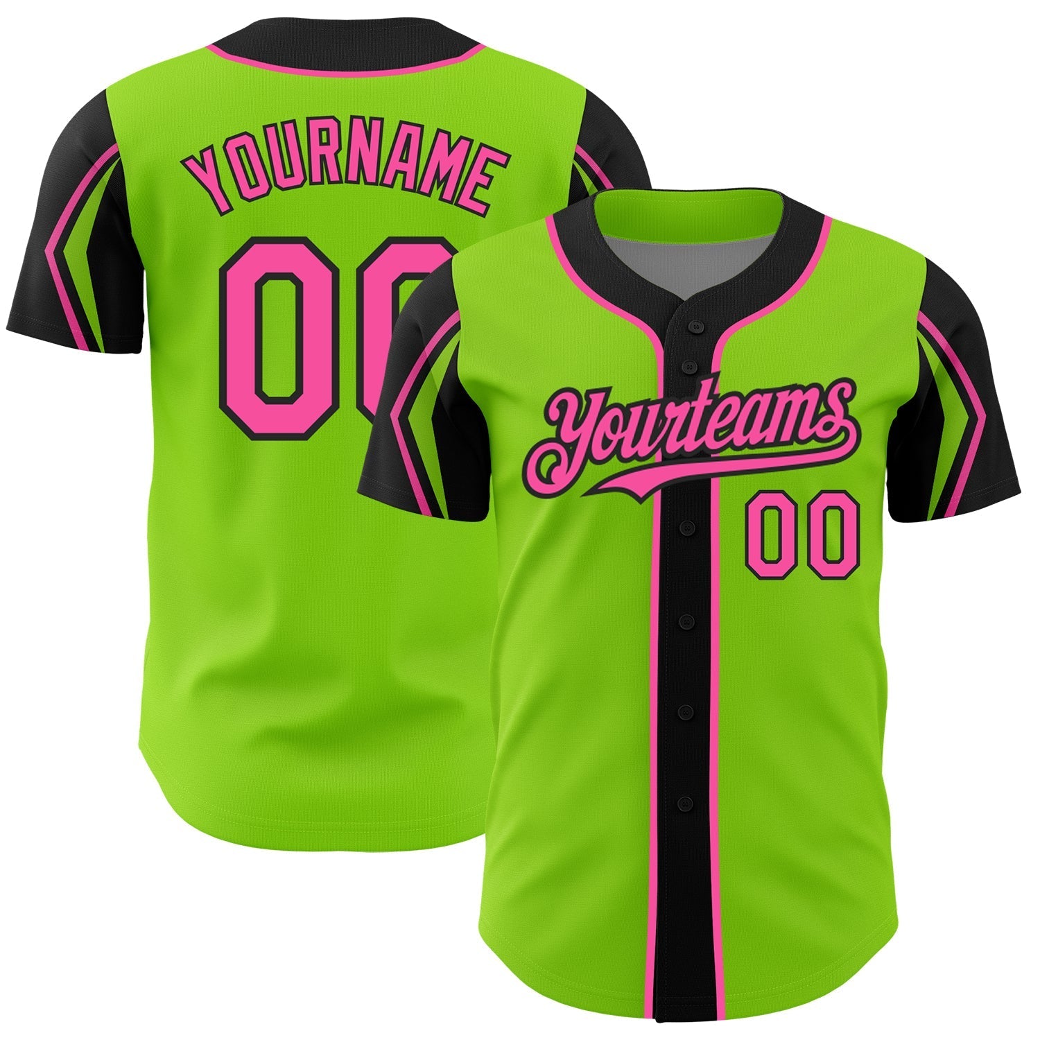 Custom Neon Green Pink-Black 3 Colors Arm Shapes Authentic Baseball Jersey baseball jersey product view 1