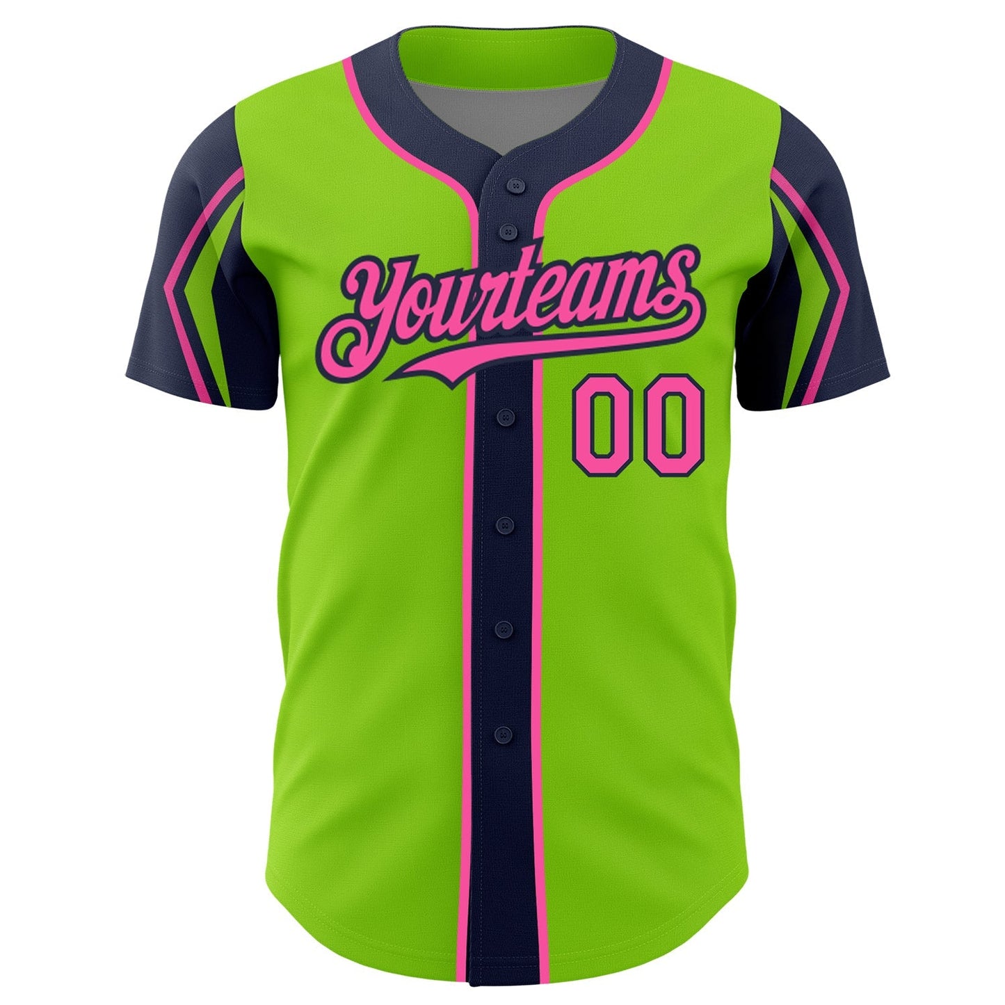 Custom Neon Green Pink-Navy 3 Colors Arm Shapes Authentic Baseball Jersey baseball jersey product view 3