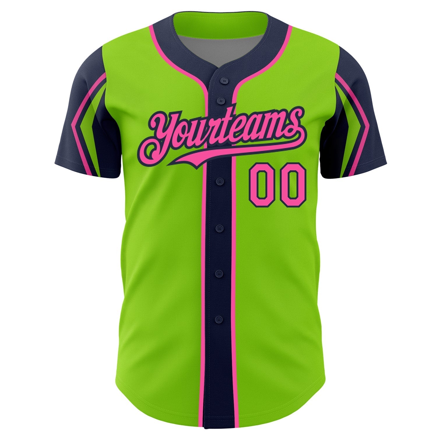 Custom Neon Green Pink-Navy 3 Colors Arm Shapes Authentic Baseball Jersey baseball jersey product view 3