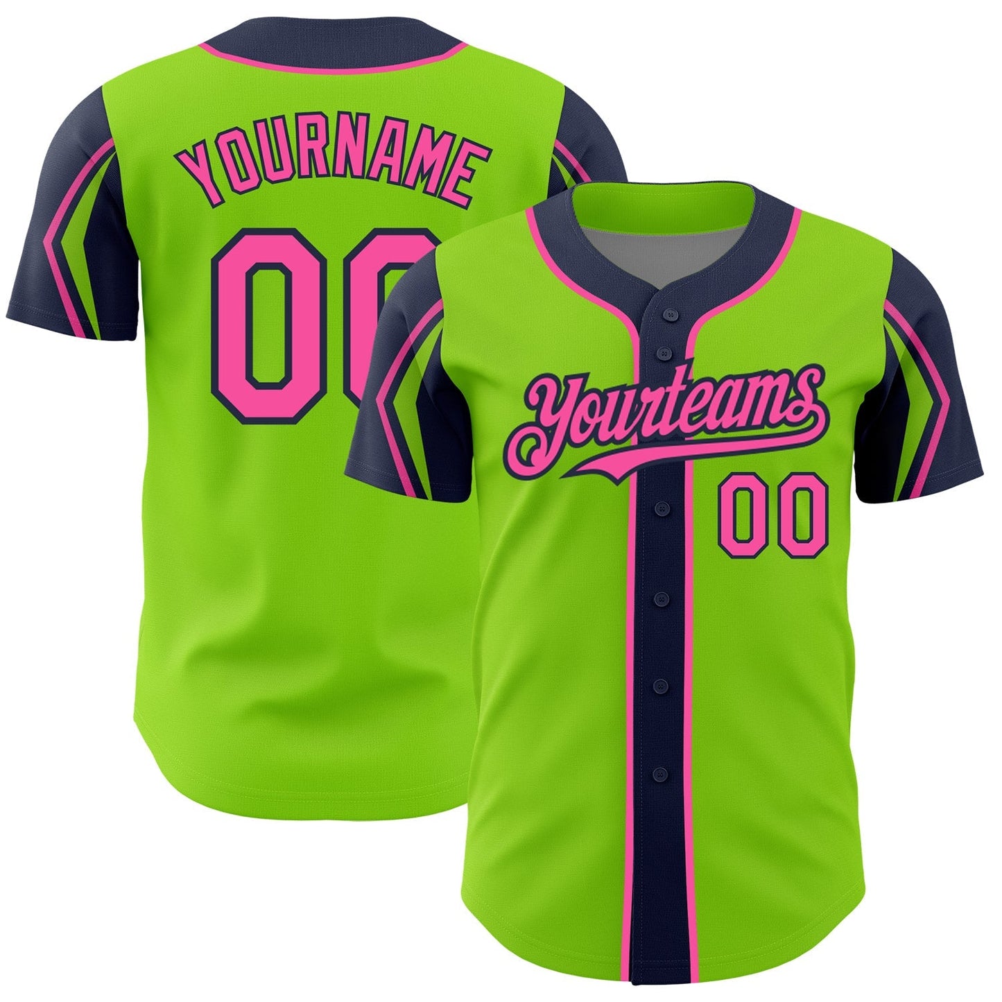 Custom Neon Green Pink-Navy 3 Colors Arm Shapes Authentic Baseball Jersey baseball jersey product view 1
