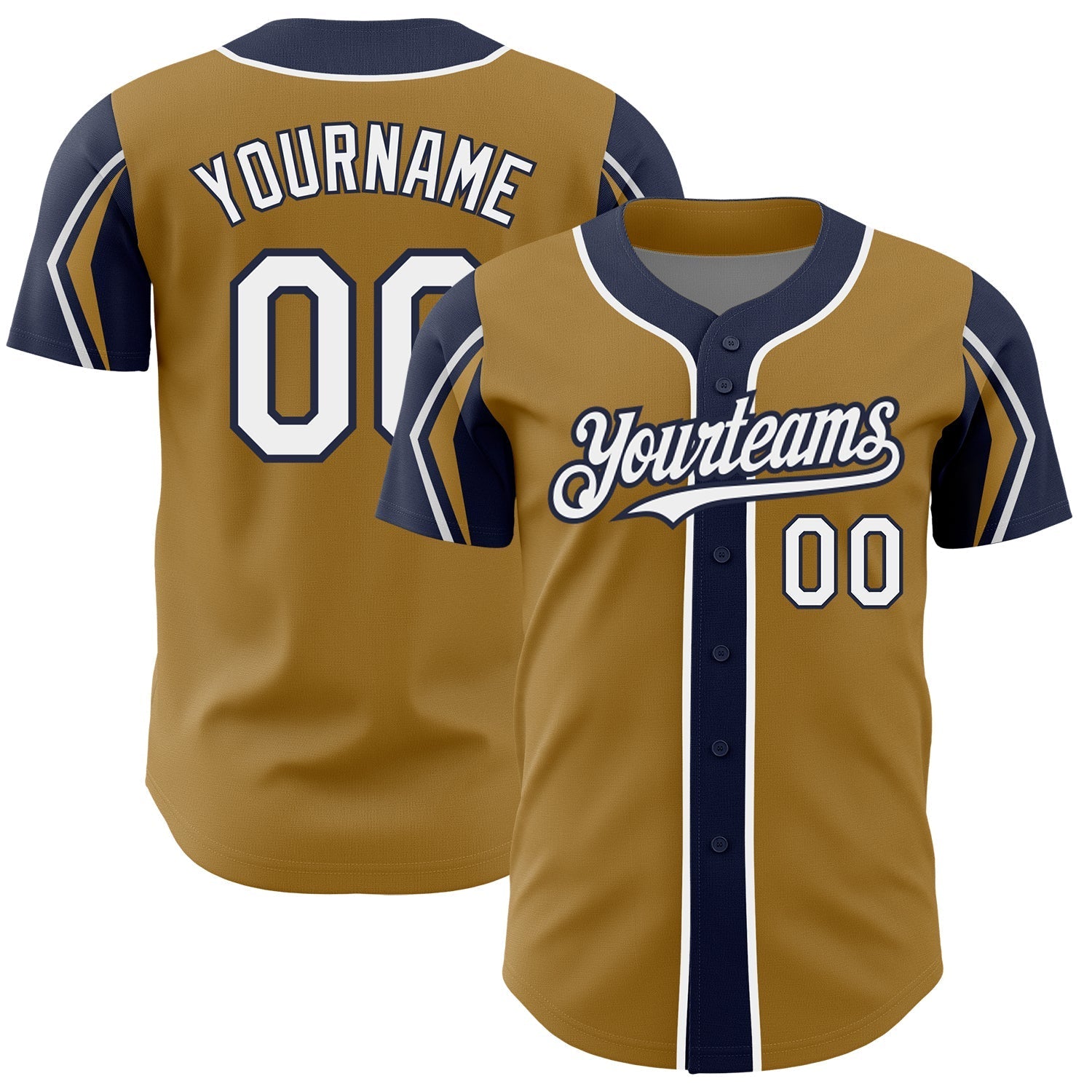 Custom Old Gold White-Navy 3 Colors Arm Shapes Authentic Baseball Jersey baseball jersey product view 1