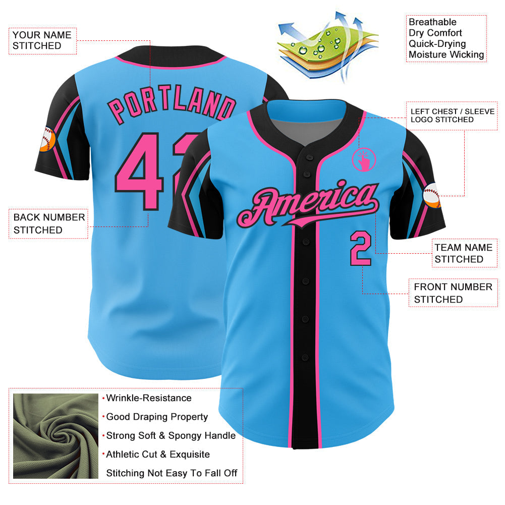 Custom Sky Blue Pink-Black 3 Colors Arm Shapes Authentic Baseball Jersey baseball jersey product view 4