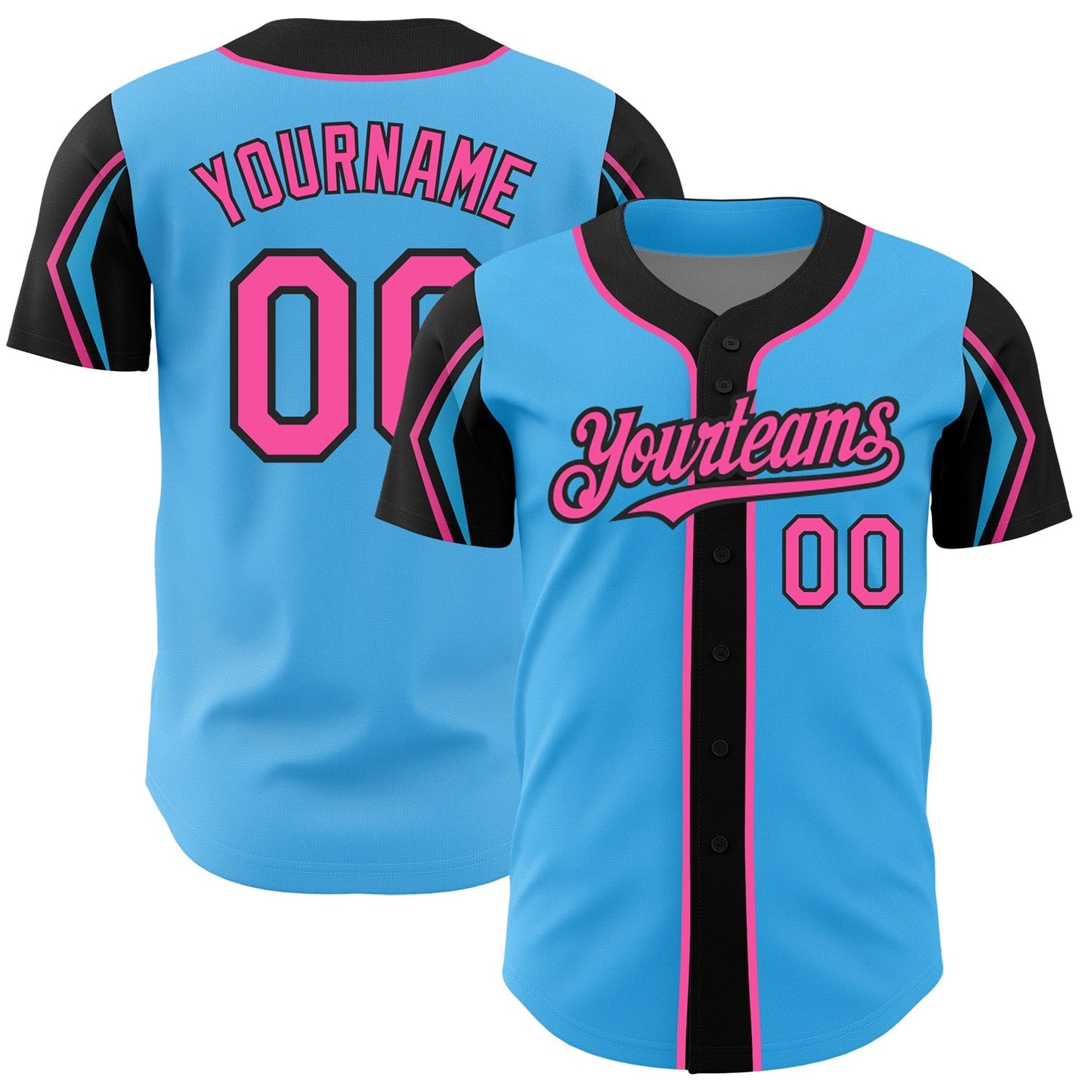 Custom Sky Blue Pink-Black 3 Colors Arm Shapes Authentic Baseball Jersey baseball jersey product view 1