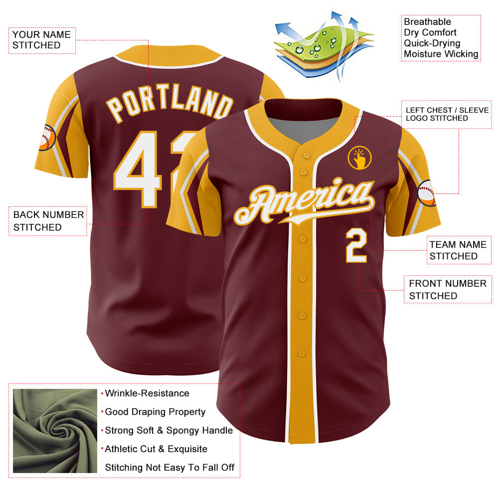 Custom Burgundy White-Gold 3 Colors Arm Shapes Authentic Baseball Jersey baseball jersey product view 4