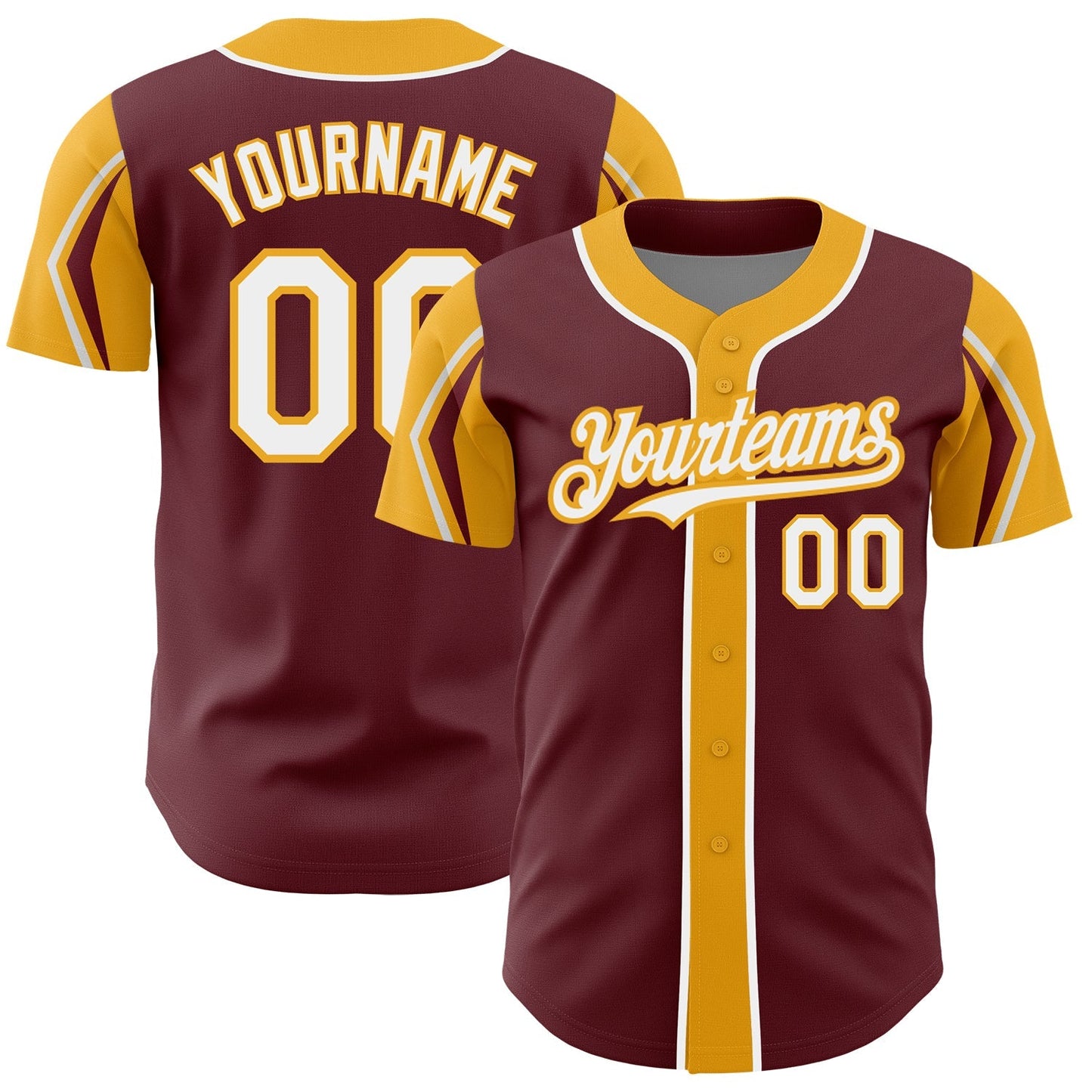 Custom Burgundy White-Gold 3 Colors Arm Shapes Authentic Baseball Jersey baseball jersey product view 1