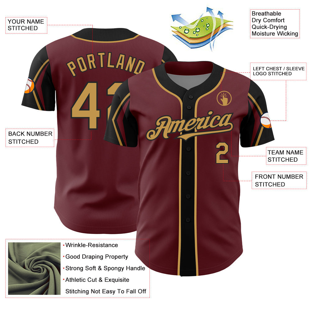 Custom Burgundy Old Gold-Black 3 Colors Arm Shapes Authentic Baseball Jersey baseball jersey product view 4