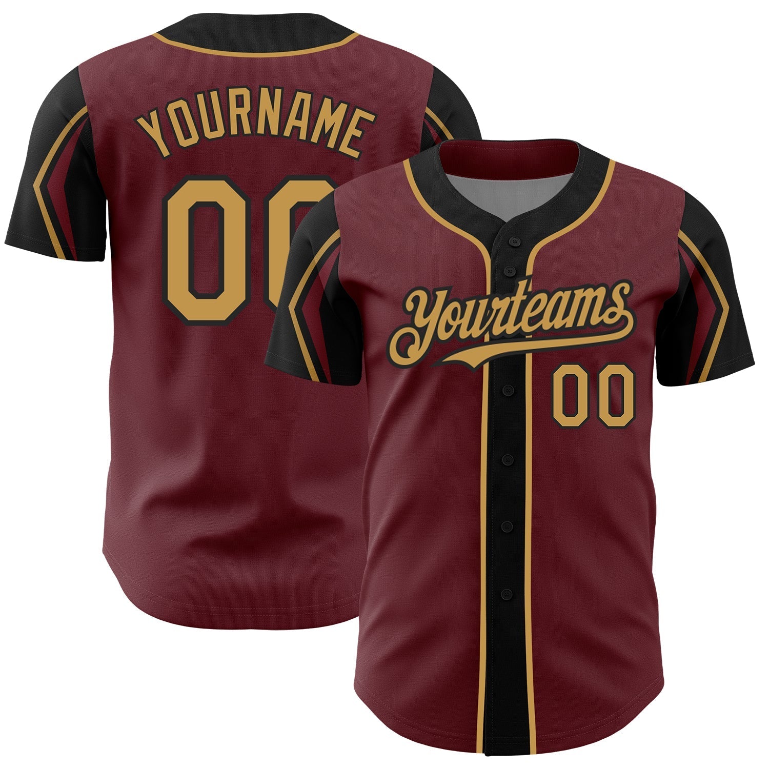 Custom Burgundy Old Gold-Black 3 Colors Arm Shapes Authentic Baseball Jersey baseball jersey product view 1