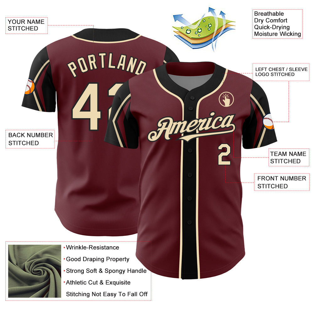 Custom Burgundy City Cream-Black 3 Colors Arm Shapes Authentic Baseball Jersey baseball jersey product view 4