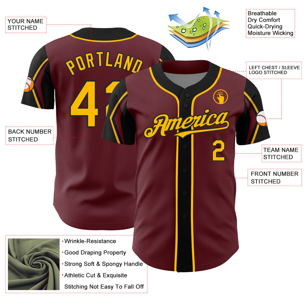 Custom Burgundy Gold-Black 3 Colors Arm Shapes Authentic Baseball Jersey baseball jersey product view 4
