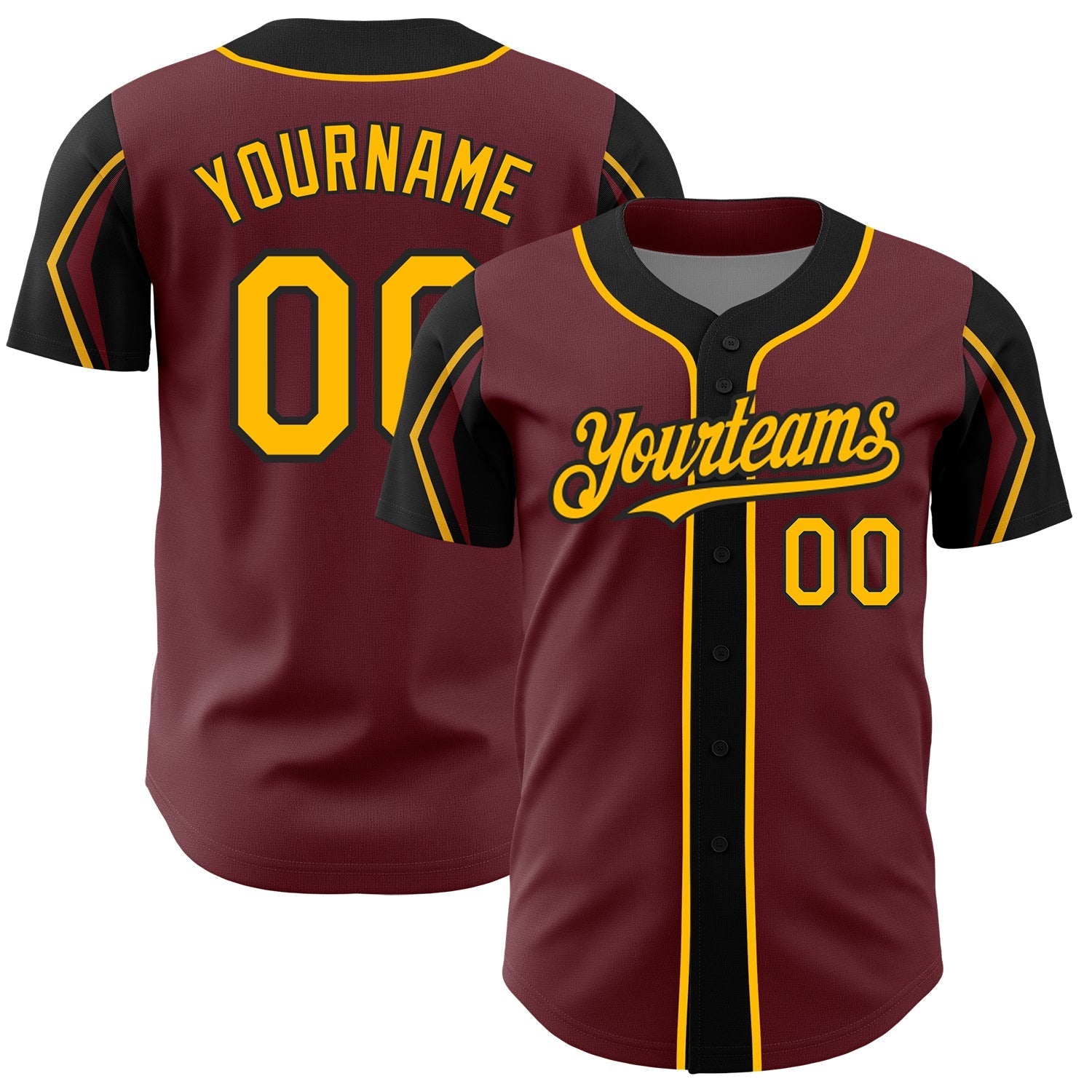Custom Burgundy Gold-Black 3 Colors Arm Shapes Authentic Baseball Jersey baseball jersey product view 1