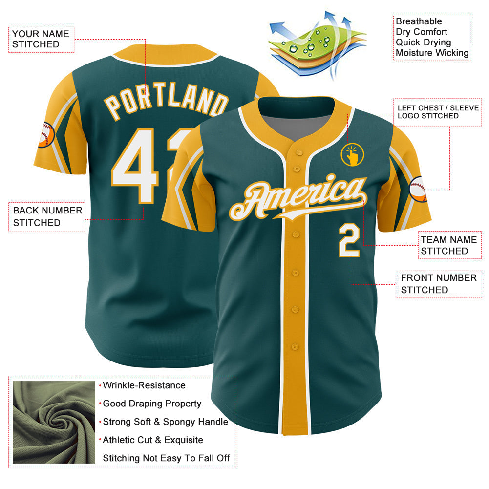 Custom Midnight Green White-Gold 3 Colors Arm Shapes Authentic Baseball Jersey baseball jersey product view 4
