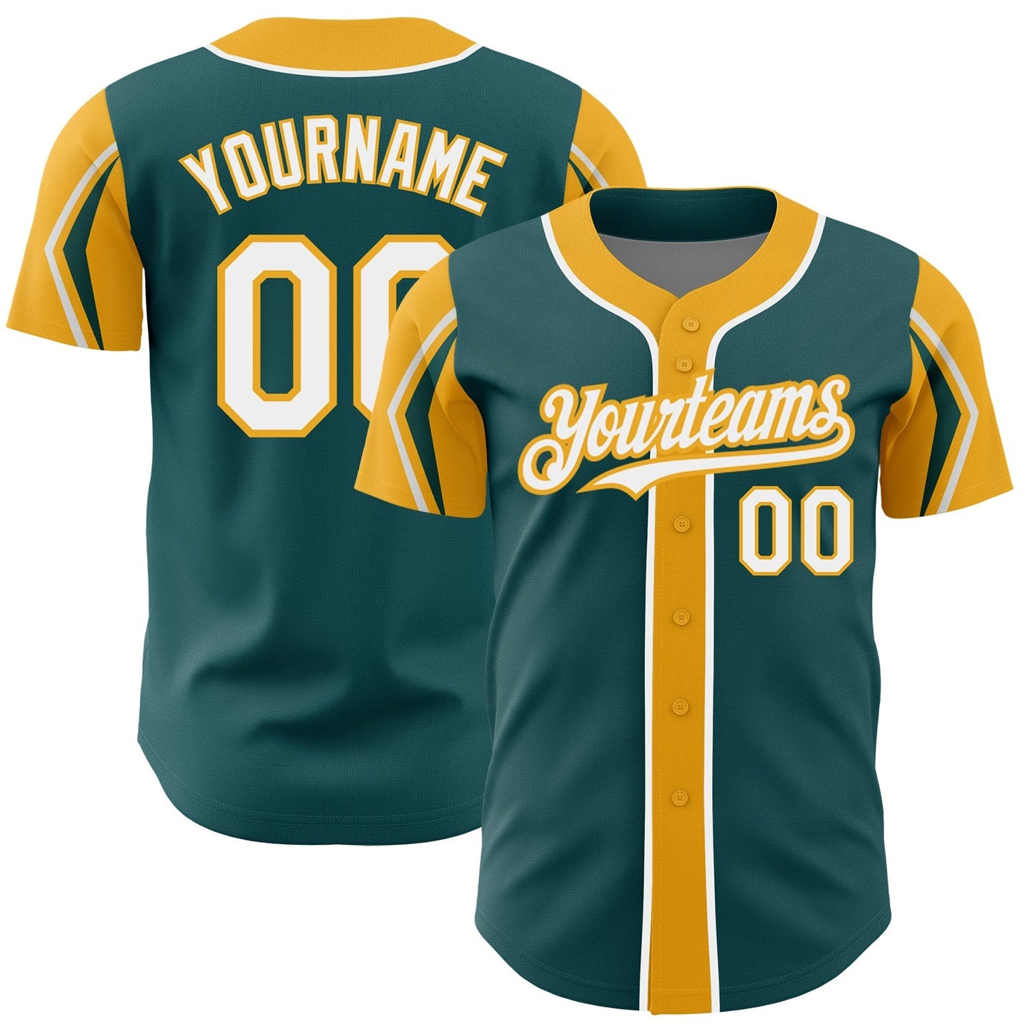 Custom Midnight Green White-Gold 3 Colors Arm Shapes Authentic Baseball Jersey baseball jersey product view 1
