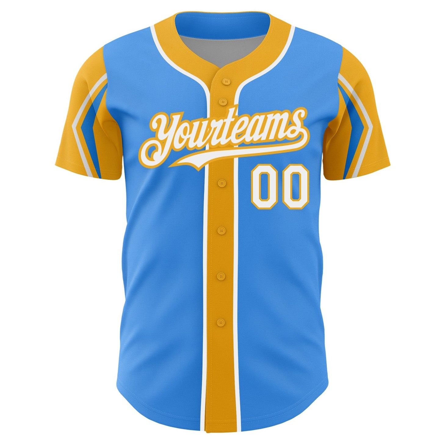 Custom Electric Blue White-Gold 3 Colors Arm Shapes Authentic Baseball Jersey baseball jersey product view 3