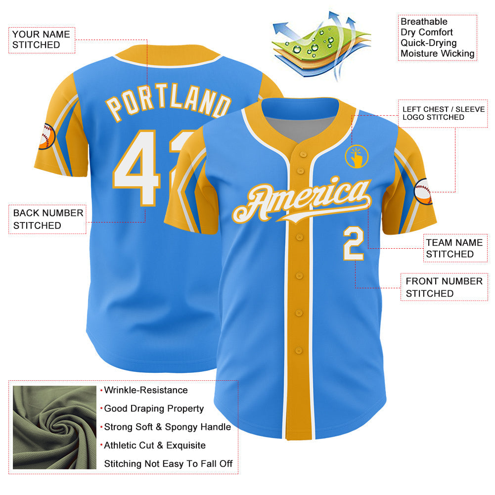 Custom Electric Blue White-Gold 3 Colors Arm Shapes Authentic Baseball Jersey baseball jersey product view 4