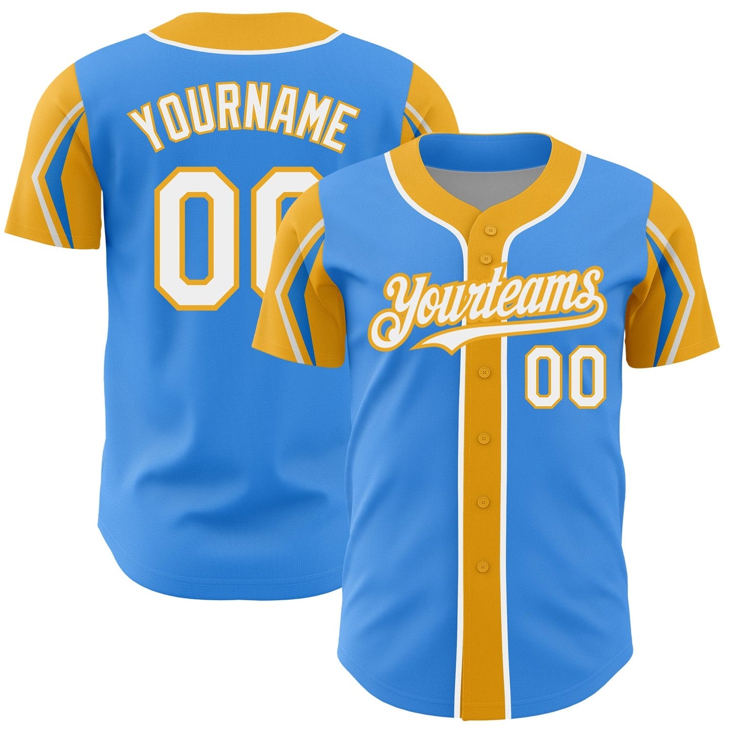 Custom Electric Blue White-Gold 3 Colors Arm Shapes Authentic Baseball Jersey baseball jersey product view 1
