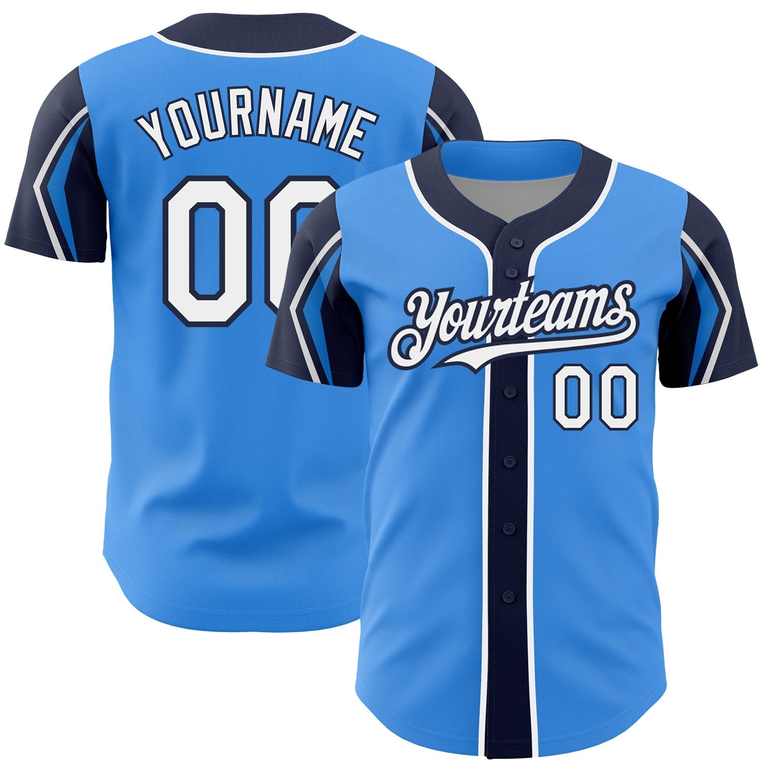 Custom Electric Blue White-Navy 3 Colors Arm Shapes Authentic Baseball Jersey baseball jersey product view 1