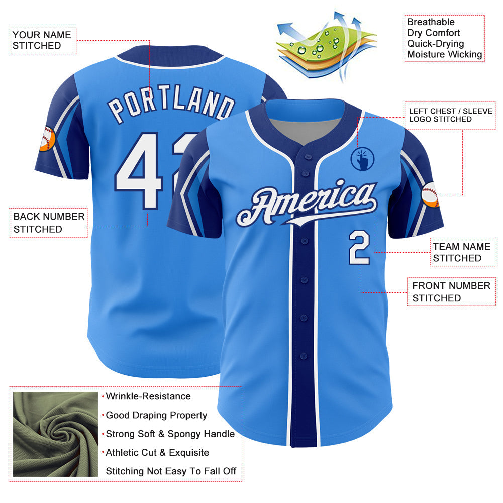 Custom Electric Blue White-Royal 3 Colors Arm Shapes Authentic Baseball Jersey baseball jersey product view 4