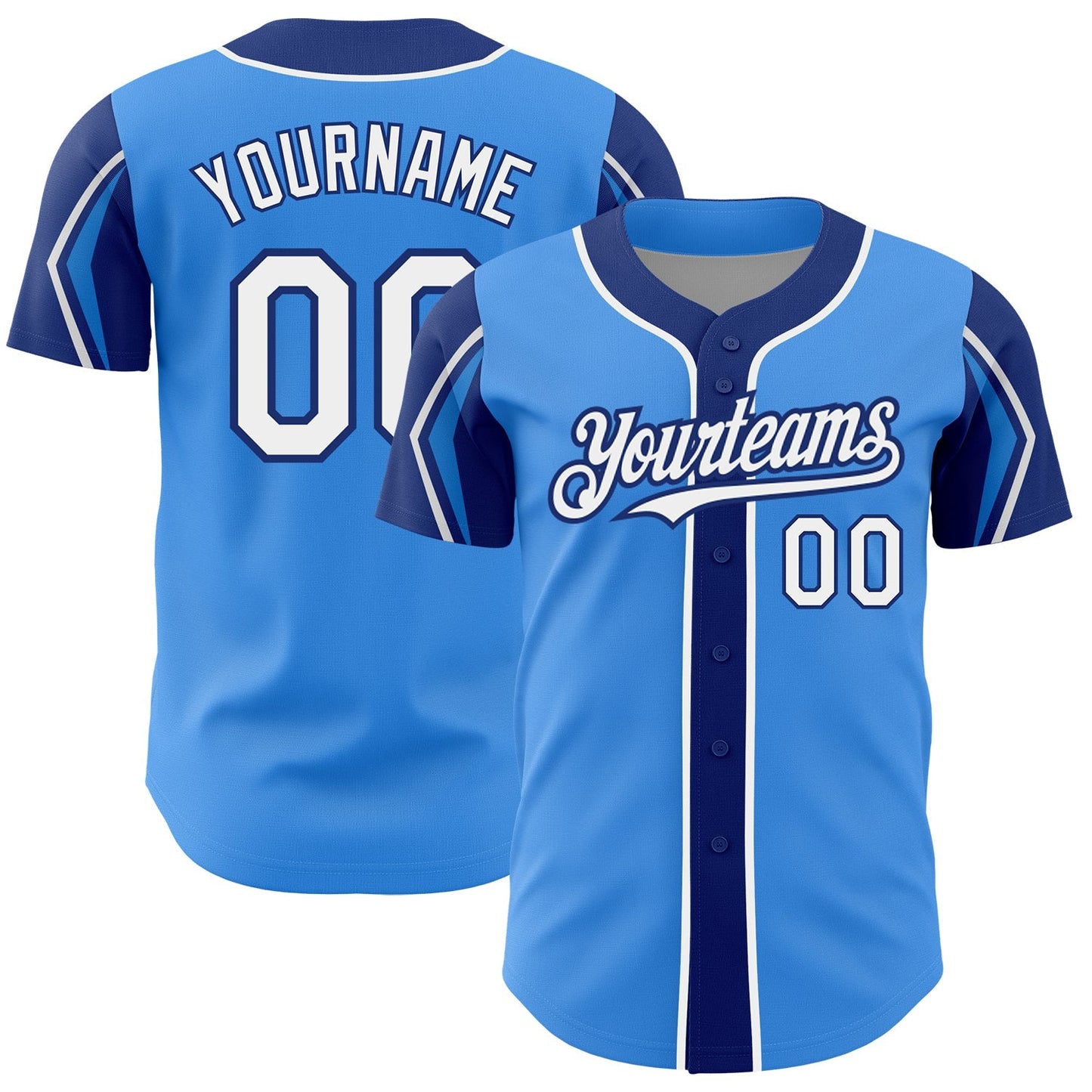Custom Electric Blue White-Royal 3 Colors Arm Shapes Authentic Baseball Jersey baseball jersey product view 1