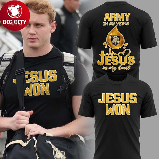 Army Black Knights In My Veins Jesus Won 2025 Two Sided Shirt Unisex T-shirt, Sweatshirt, Hoodie, Long Sleeve Tee - T-Shirt, Sweatshirt, Hoodie