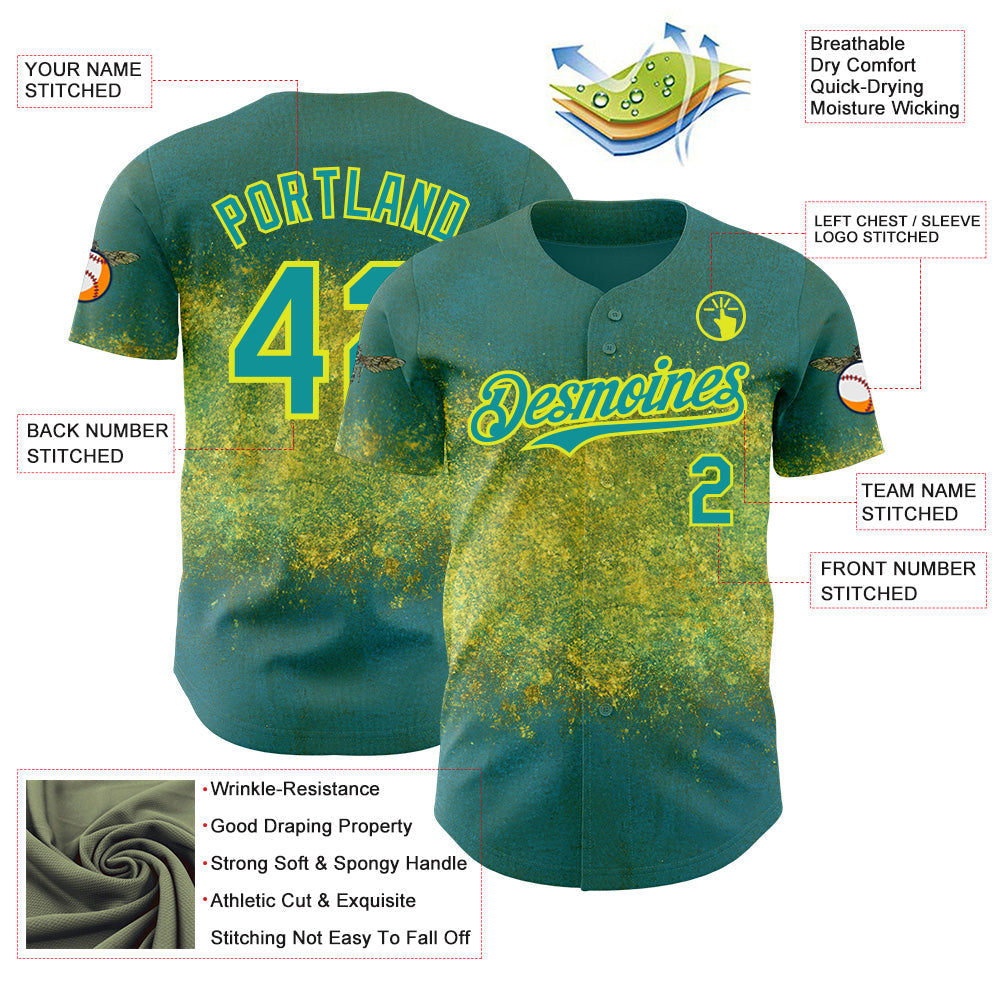 Custom Green Teal-Neon Yellow David Lozeau The Bee Authentic Baseball Jersey baseball jersey product view 3