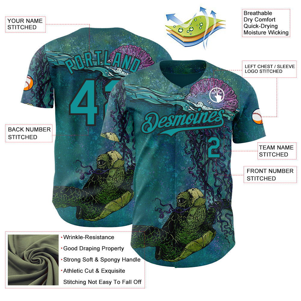 Custom Blue Teal-Black David Lozeau Turtle Buddy And Jelly Authentic Baseball Jersey baseball jersey product view 3