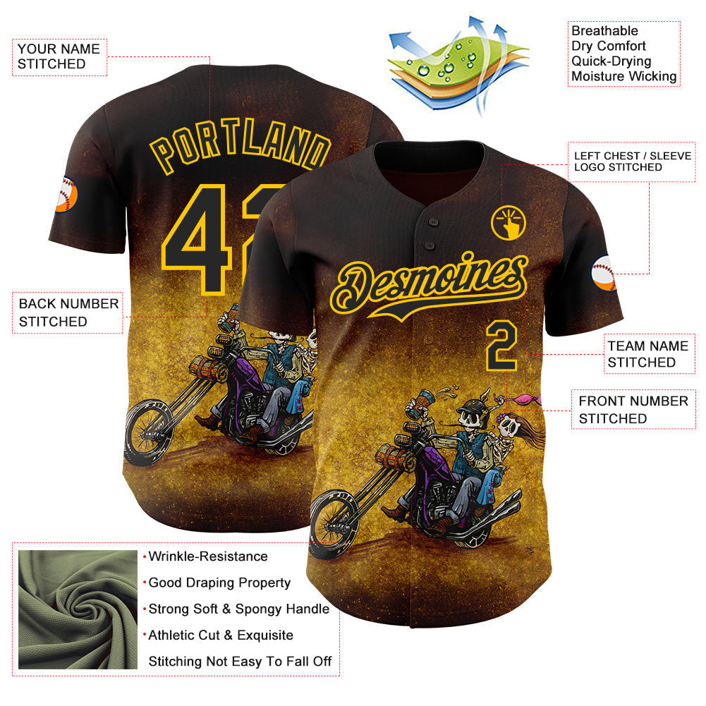 Custom Brown Black-Yellow David Lozeau Ride Free Authentic Baseball Jersey baseball jersey product view 3