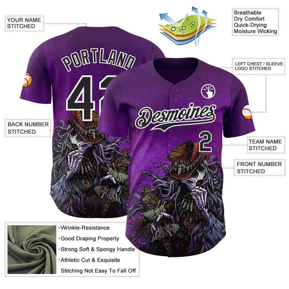 Custom Purple Black-White David Lozeau Voodoo Priest Authentic Baseball Jersey baseball jersey product view 3