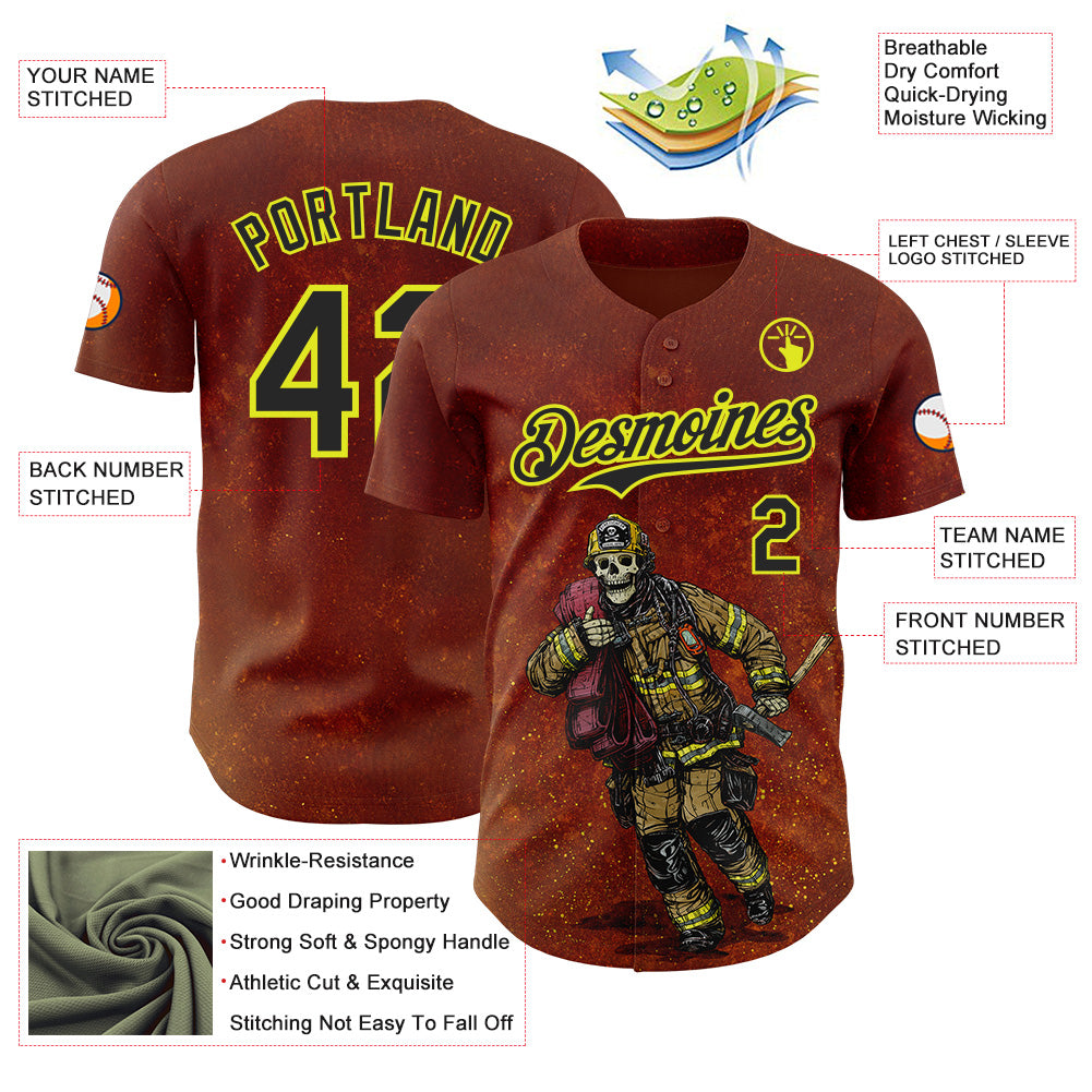 Custom Red Black-Neon Yellow David Lozeau Fighting The Flames Authentic Baseball Jersey baseball jersey product view 3