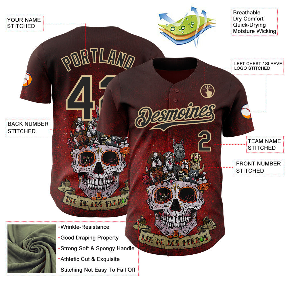 Custom Red Black-Vegas Gold David Lozeau Dia De Los Perros Authentic Baseball Jersey baseball jersey product view 3