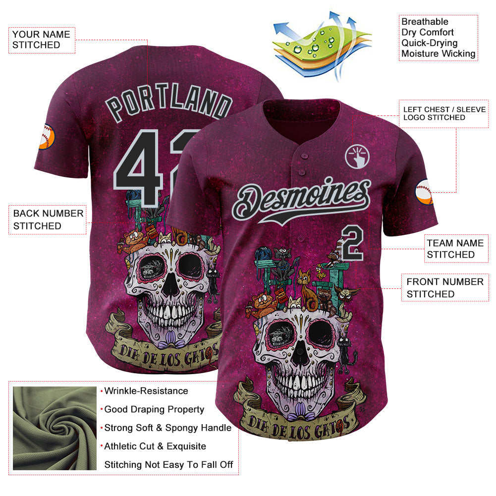 Custom Purple Black-Silver David Lozeau Dia De Los Gatos Authentic Baseball Jersey baseball jersey product view 3