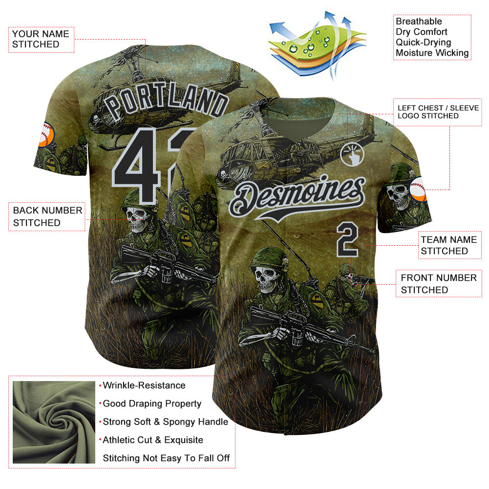 Custom Green Black-Silver David Lozeau 1st Air Cav Authentic Baseball Jersey baseball jersey product view 3