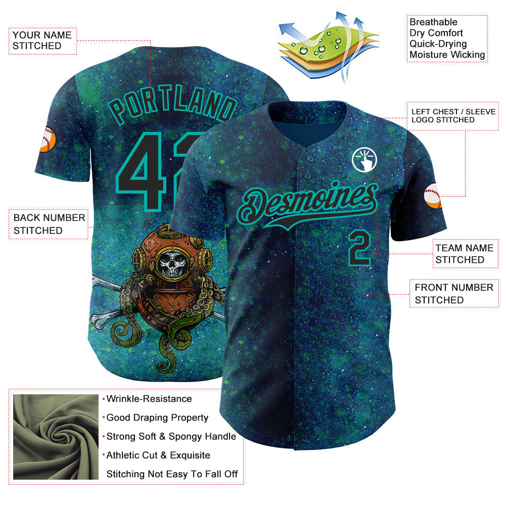 Custom Blue Black-Aqua David Lozeau Diver Down Authentic Baseball Jersey baseball jersey product view 3