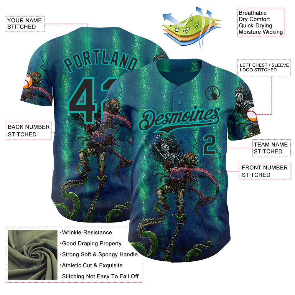 Custom Blue Black Green-Aqua David Lozeau Catch Or Release Authentic Baseball Jersey baseball jersey product view 3