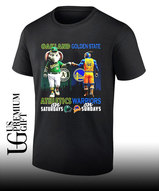 Athletics on Saturdays fist bump Golden State Warriors on Sundays city skyline 2026 mascot shirt - T-Shirt, Sweatshirt, Hoodie