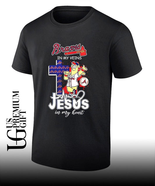 Atlanta Braves In My Veins Jesus In My Heart mascot shirt Unisex T-shirt, Sweatshirt, Hoodie, Long Sleeve Tee - T-Shirt, Sweatshirt, Hoodie