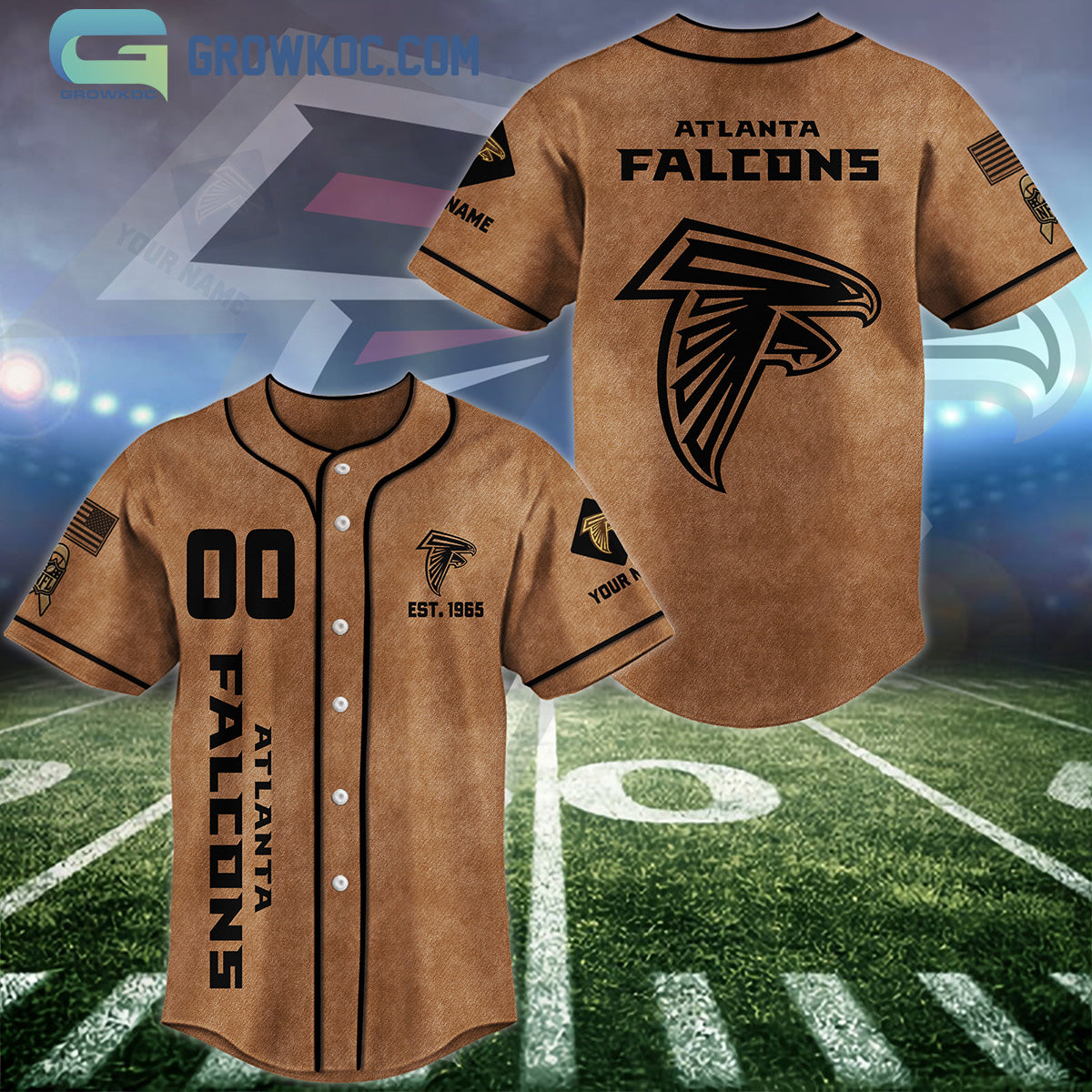 Atlanta Falcons Brown American Flag Personalized Baseball Jersey baseball jersey product view 1