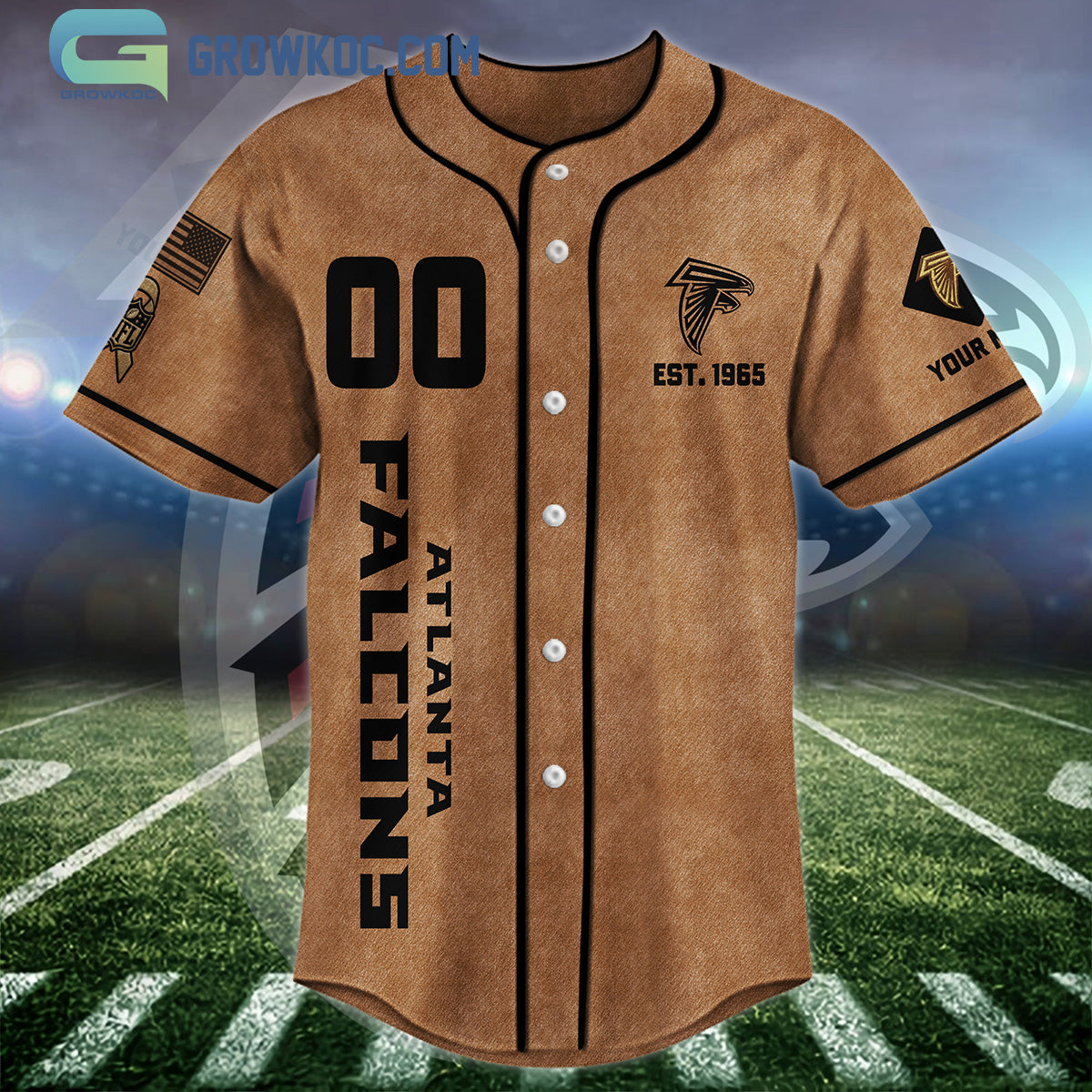 Atlanta Falcons Brown American Flag Personalized Baseball Jersey baseball jersey product view 3