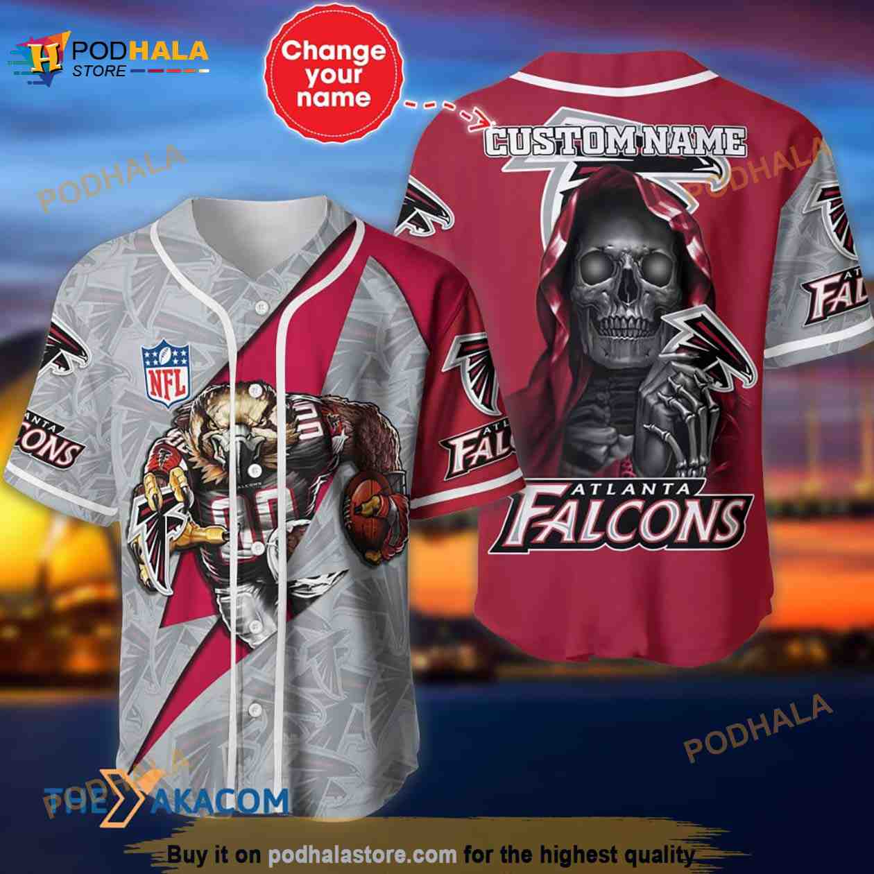 Atlanta Falcons Skull Pattern Custom Name 3D Baseball Jersey Shirt baseball jersey product view 1