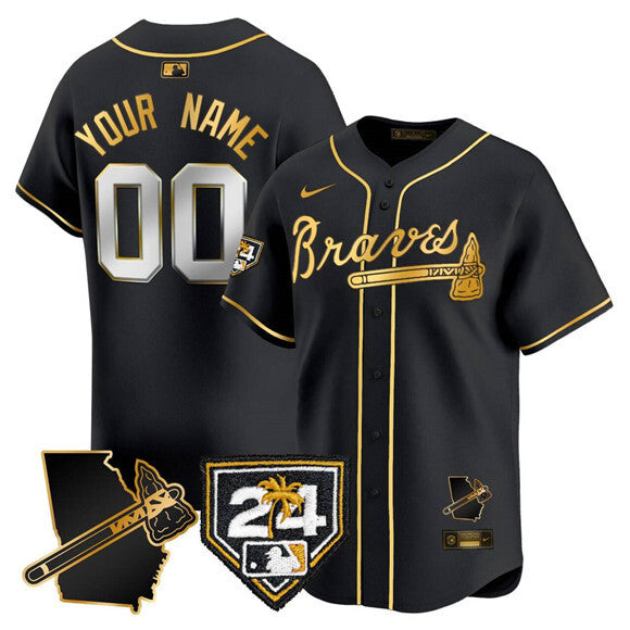 Atlanta Braves Active Player Custom Black Gold 2024 Spring Training & Georgia Patch Baseball Jersey baseball jersey product view 1