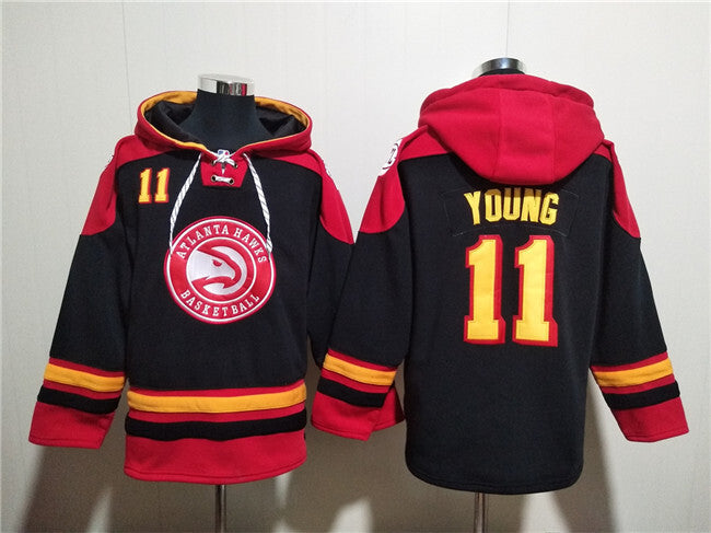 Atlanta Hawks #11 Trae Young Black Red Lace-Up Pullover Hoodie Basketball Jersey basketball jersey product view 1