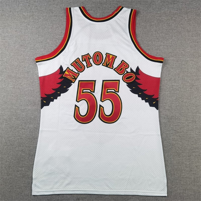 Atlanta Hawks #55 Dikembe Mutombo Hawks 55 # Retro White Style 1 Basketball Jersey basketball jersey product view 1